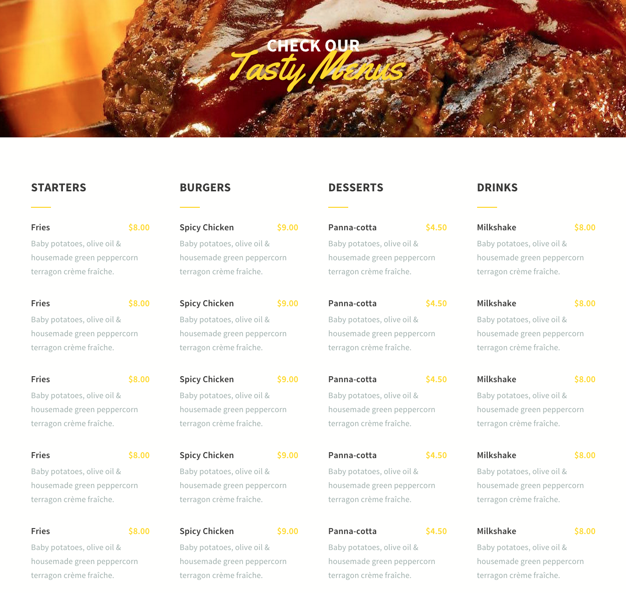 Modern restaurant menu template from LeadPages