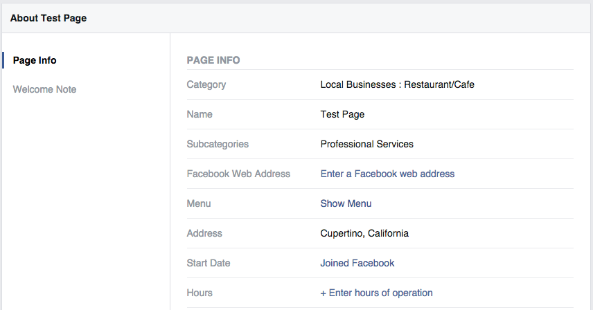 Facebook Page category for restaurants