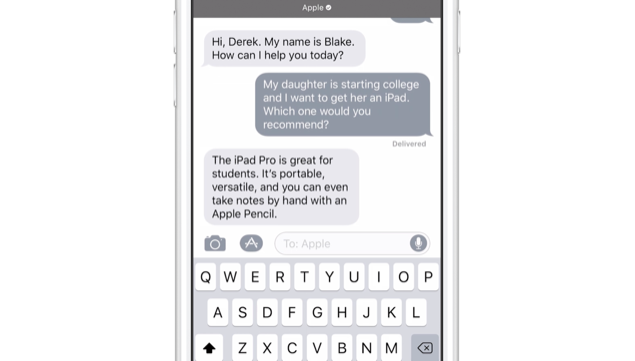 An example of using business chat in Apple iMessage to close a sale