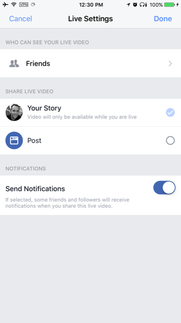 Facebook Live options in Stories