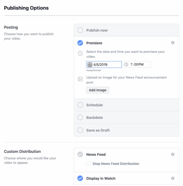 Facebook Premiere - Publishing options